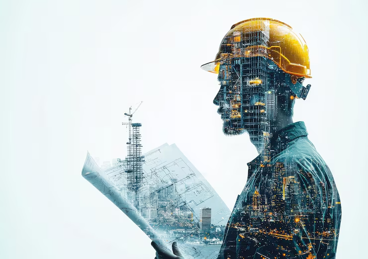 double exposure construction engineer with urban skyline illustrating architectural vision innovatio